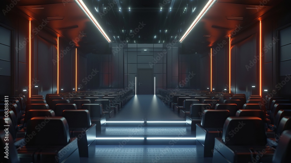 Poster this 3d rendering displays a large empty cinema screen with rows of seats, serving as a mockup.