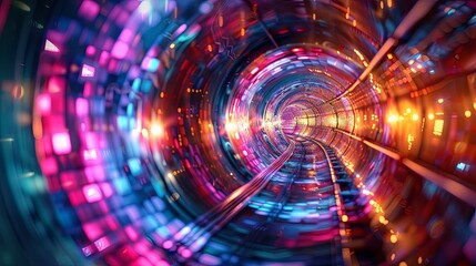 Obraz premium A colorful, swirling tunnel with lights and a train inside