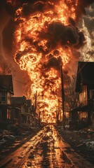 Obraz premium A fire is burning in the middle of a street, with a house in the background