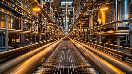 Obraz premium A long, narrow room with pipes and a metal grate