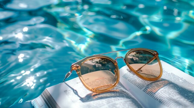 relaxing summer mood with book sunglasses near swimming pool, fun good happy joyful light