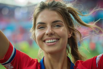 Joyful young woman cheering at a soccer match