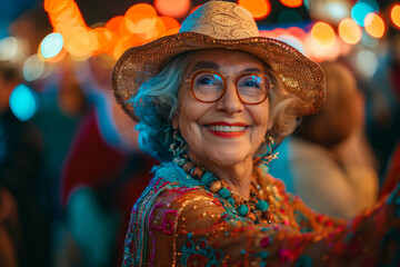 Joyful elderly woman enjoying a vibrant festival night