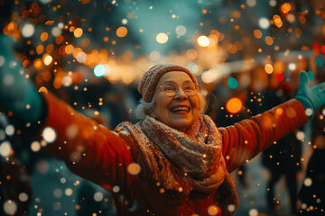 Joyful senior woman celebrating in a snowy Christmas market
