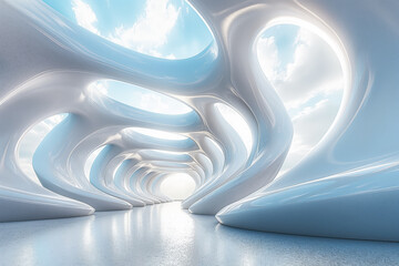 Futuristic white corridor with smooth curves and blue sky