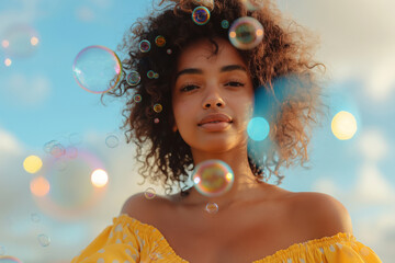 Young woman enjoying a sunny day with floating soap bubbles