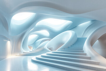 Futuristic white curved architecture with flowing stairs