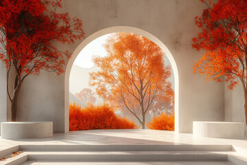 Serene autumn view from an elegant white archway