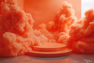 Dynamic orange smoke and pedestal in minimalist design