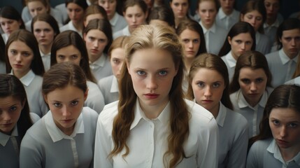 Obraz premium group of serious young women in white shirts