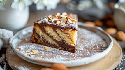 Slice of marbled almond and chocolate cake with a topping of toffeed flaked almonds.

