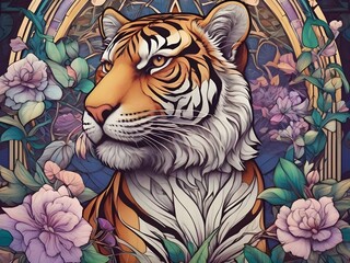 masterpiece, best quality, coloring book line art, detailed Tiger with Art Nouveau flair, synthwave and Art Nouveau hybrid style, bold and harmonious lines, romantic composition Generative AI