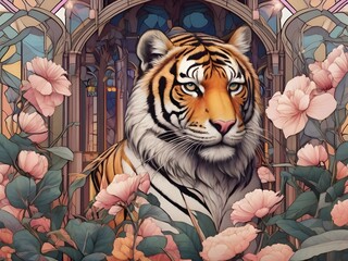 masterpiece, best quality, coloring book line art, detailed Tiger with Art Nouveau flair, synthwave and Art Nouveau hybrid style, bold and harmonious lines, romantic composition Generative AI