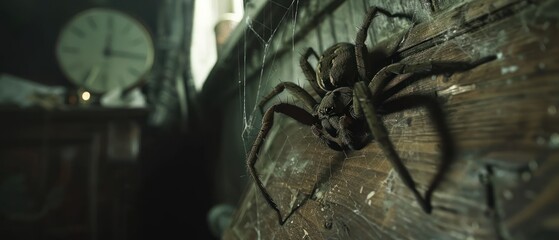 A giant spider is crawling on the wall. It is dark and scary. - obrazy, fototapety, plakaty