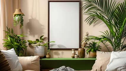 Design a Living Room Mockup with Brown Frame, Green Shelf Plants, and Personal Accessories. Concept Living Room Decor, Brown Frame, Green Plants, Personal Accessories