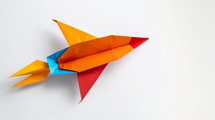 a single rocket folded from colored paper, white background, copy and text space, 16:9