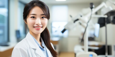 smiling asian woman in white lab coat