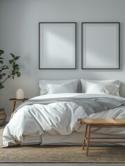 A bedroom with a white bed and a wooden bench