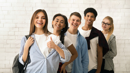 A diverse group of multiethnic teenagers is lined up, displaying a variety of cheerful expressions....