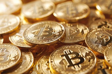 Bitcoin gold coins with blurred financial chart background for cryptocurrency market analysis