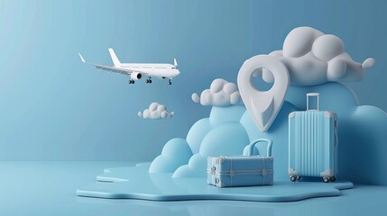 Vector 3D depiction of an airplane, cloud, and luggage in front of a large pin location, ideal for summer travel advertising on a blue background.