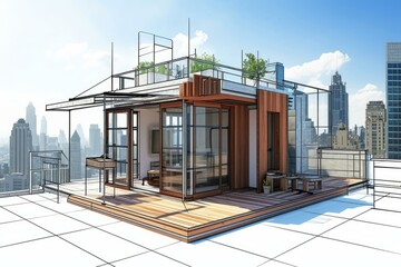 3d rendering of a stylish rooftop garden and penthouse against a city skyline
