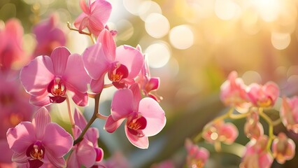 Pink Orchids in Sunlight: A Close-Up Capturing their Beautiful Bloom. Concept Flower Photography, Orchid Close-Up, Sunlight Portraits, Floral Beauty, Nature Details