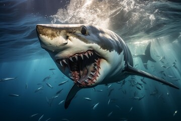Naklejka premium Ferocious great white shark with open jaws in the ocean