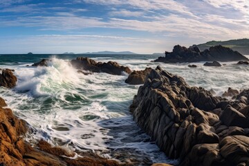 Dramatic rocky coastline with crashing waves