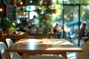 Modern co-working building relaxation lounge are or spacious bright cafe. Closeup to wooden table with chairs and blurred background with cafe area and barista serving organic drinks