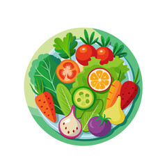 Flat style vegetables on ceramic plate. Red pepper, broccoli, carrot, tomato, asparagus, lettuce, beet leaves