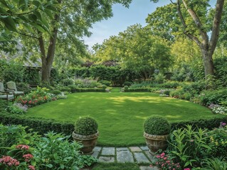 Serene Backyard Landscape with Lush Flowers and Greenery, Garden Pathway Leading to a Wooden Bench