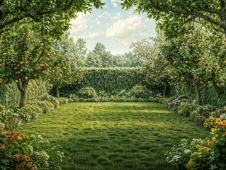 Enchanting Orchard Garden with Lush Trees and Blooming Flowers in Sunlight