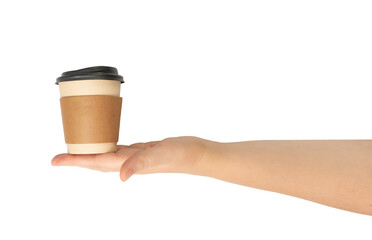 Hand Holds Cup Isolated, Empty Paper Cup in Hands, Coffee Mug, Teacup, Hot Beverage Mockup