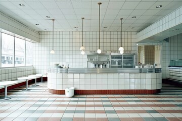 The image shows a retro diner interior with white and red checkered floor tiles, a counter, and a few tables and chairs.
