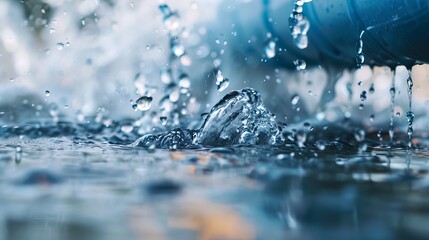 A broken water pipe leaks from a joint connecting plastic pipes in a house's water supply system, with selective focus.
