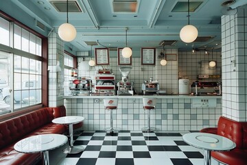 The image shows a retro-style diner with a blue and white checkered floor, red leather booths, and a counter with a white marble top.