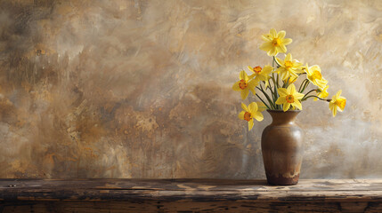 Wooden Table With Vase of Yellow Flowers