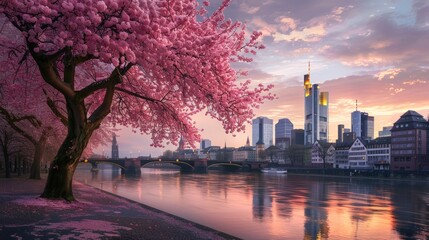 Cherry tree in bloom on banks of River Main with skyline of business district in the background at dusk, Frankfurt am Main, Hesse, Germany Europe hyper realistic 
