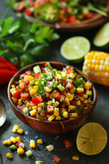Sweet corn salsa with mixed diced vegetables pepper tomato onion lime