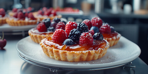 fruity mini fruit tarts with dulce de leche as a filling layer on a plate in a dark kitchen gelatine layer on the top