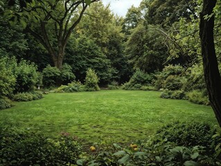 Serene English Garden with Lush Greenery, Trees, and Decorative Birdbath