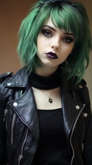 Punk rock style portrait of woman with green hair