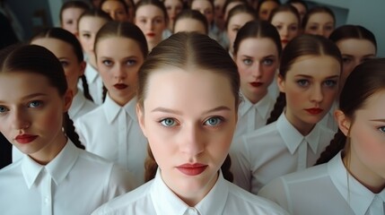 Fototapeta premium group of women in white shirts with serious expressions