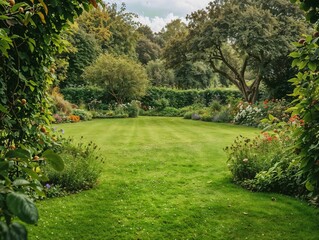 Lush Green Garden with a Serene Landscape and Diverse Flora