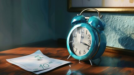 Blue alarm clock and paper reminder lunch time with realistic