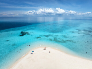 Aerial view of Nakupenda island, sandbank in ocean, white sandy beach, blue sea in low tide at...