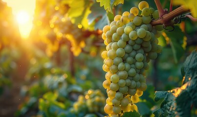 Bunches of grapes in a garden bathed in the soft hues of a setting sun