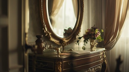 Ornate gold-framed antique mirror reflects the classic style of the hotel's wooden furniture