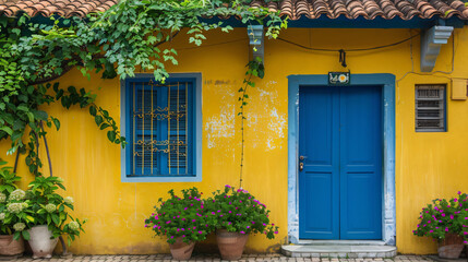 Fototapeta na wymiar Yellow House With Blue Door and Window